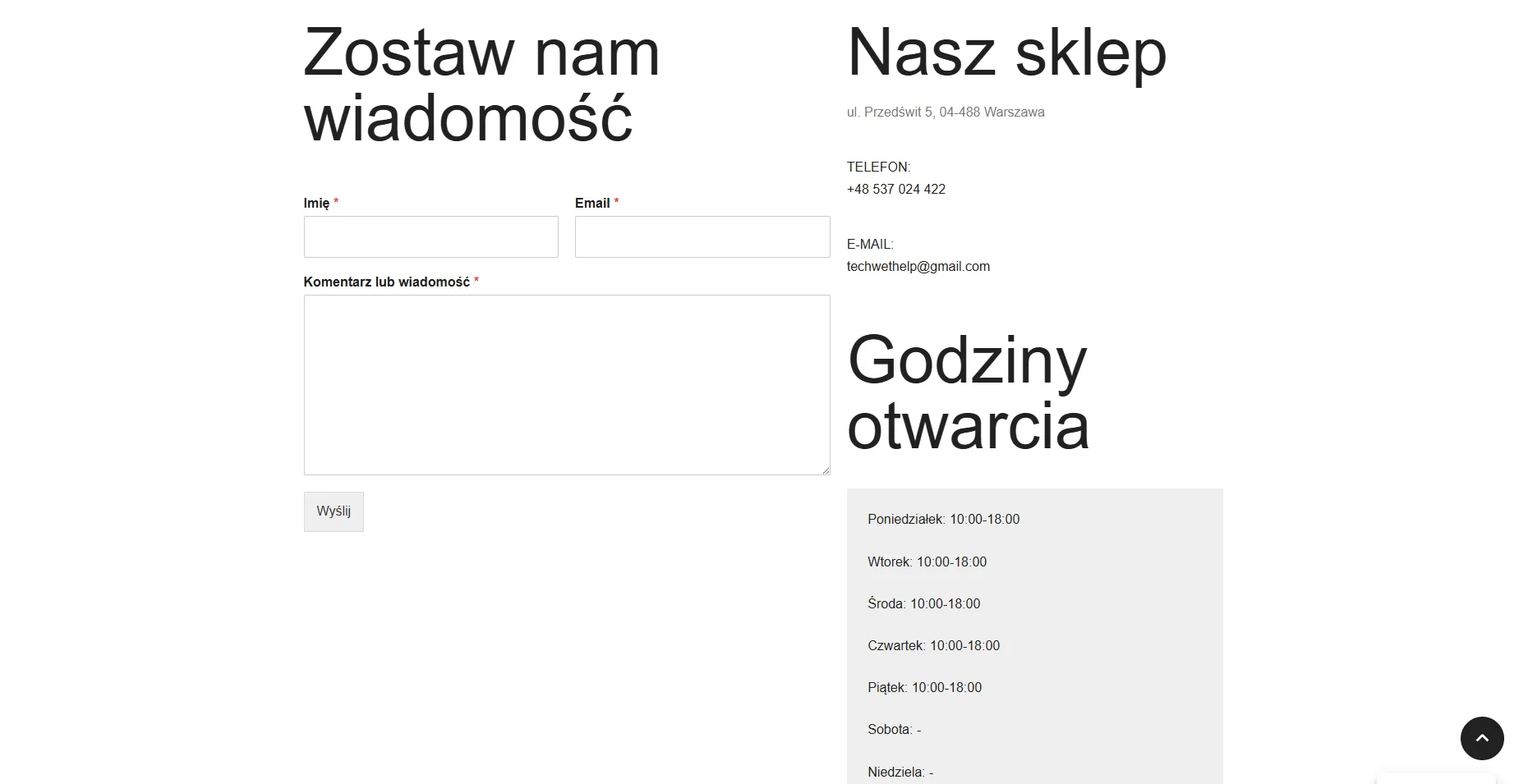 Widok strony kontaktowej
