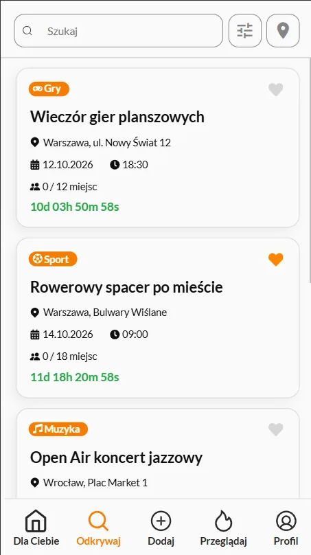 Odkrywanie spotkań w wersji mobilnej